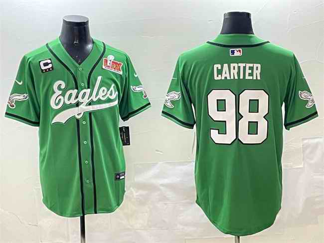 Men's Philadelphia Eagles #98 Jalen Carter Green 2025 Super Bowl LIX And 3-Star C Patch Stitched Baseball Jersey